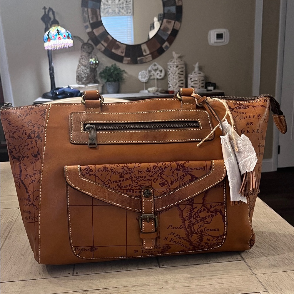 Patricia Nash Tan Map-Print Leather Tote